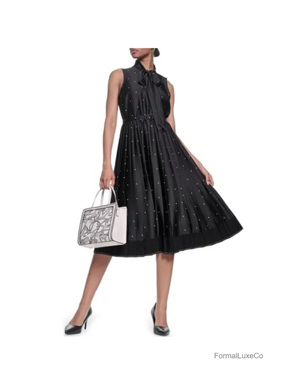 Sleeveless Tie Neck Matte Satin Pleated Midi Dress